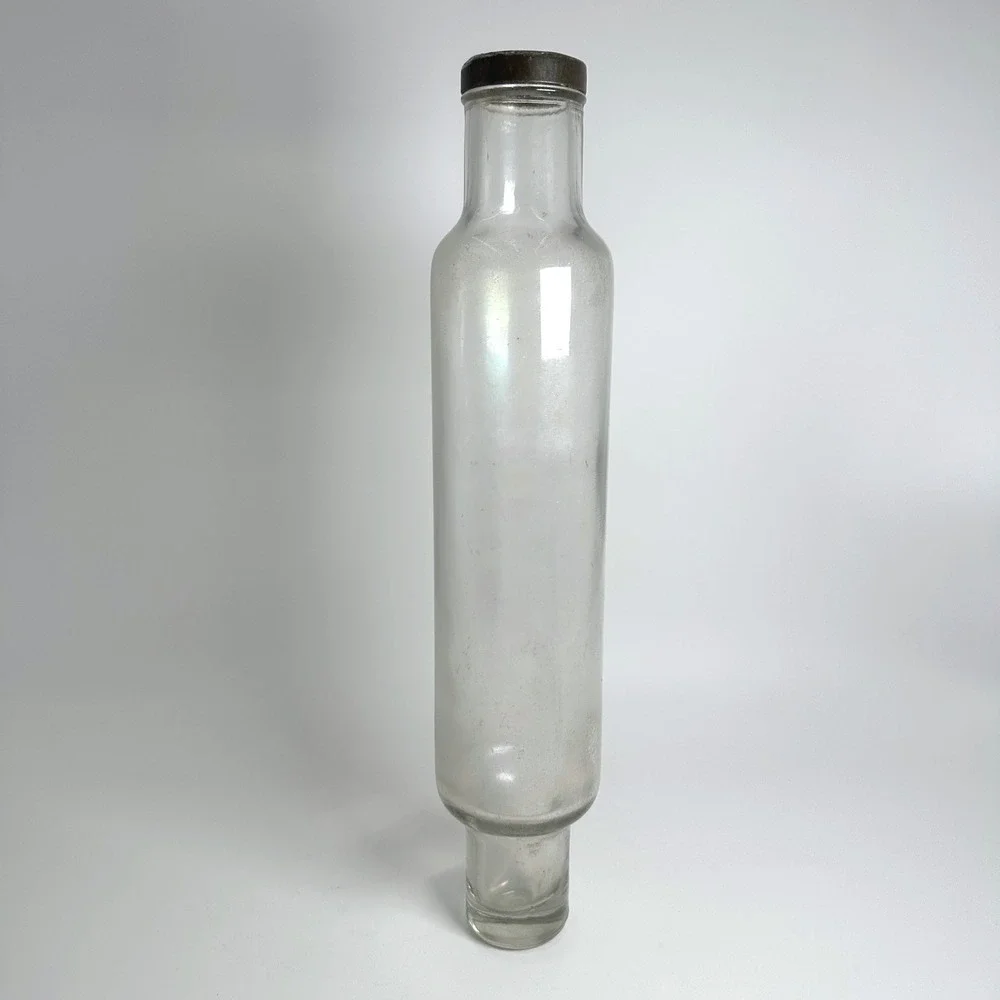 Vintage Glass Rolling Pin Clear Original Metal Cap Hollow Pastry Rustic Kitchen